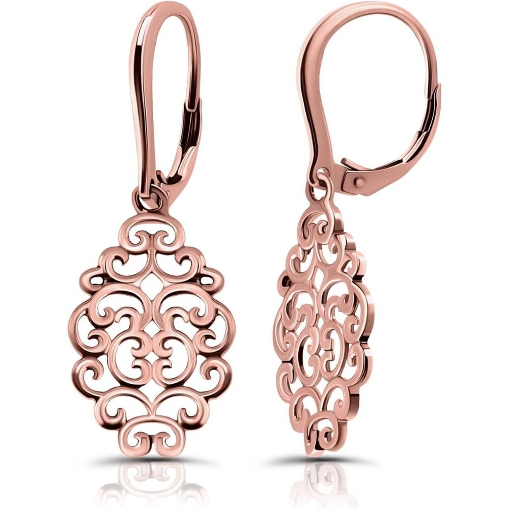 🆕Women's Rose Gold 925 Sterling Silver Filigree Swirl Spiral Dangle Earrings